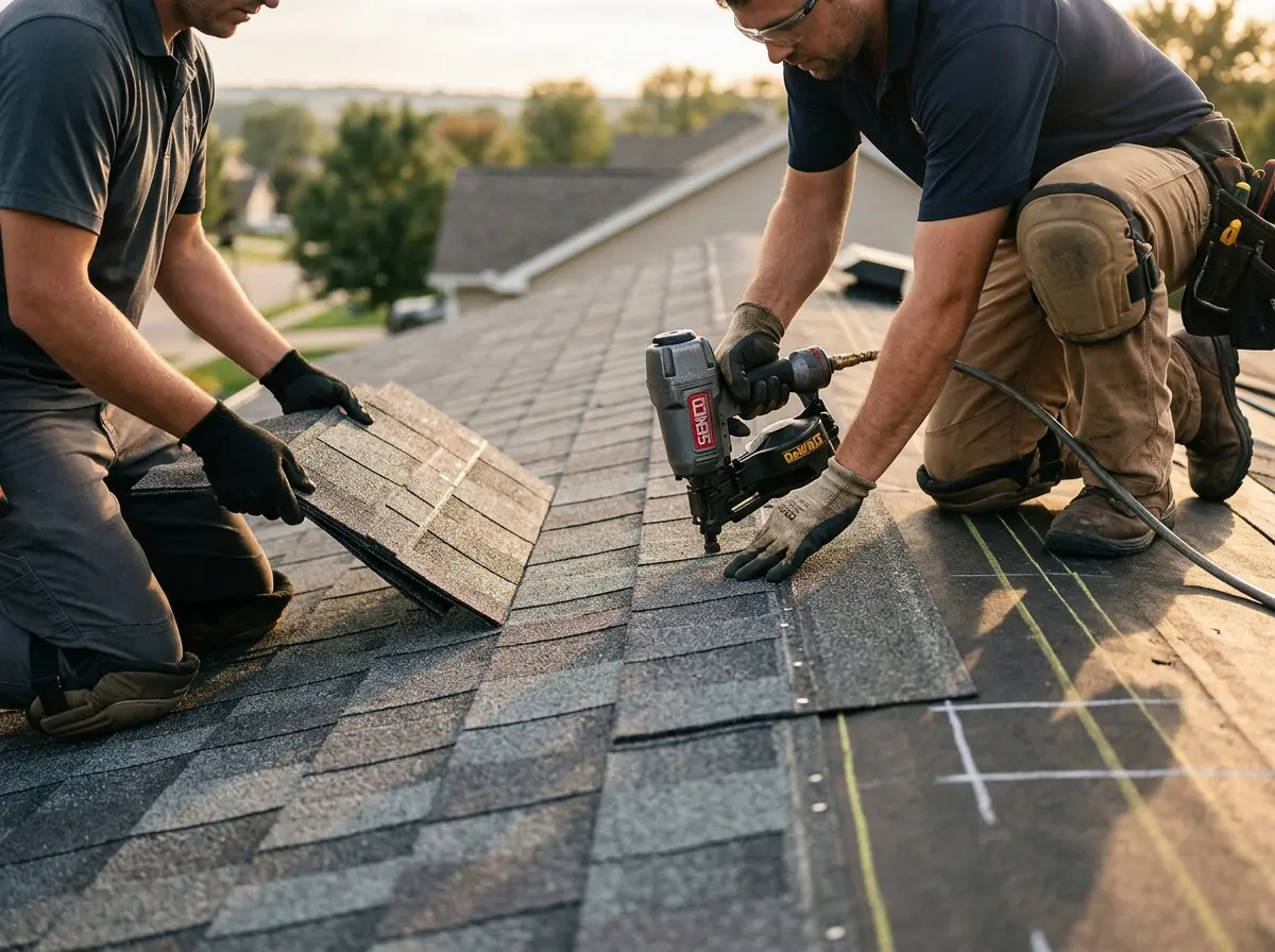 Professional roofer working on a residential roof in East Troy